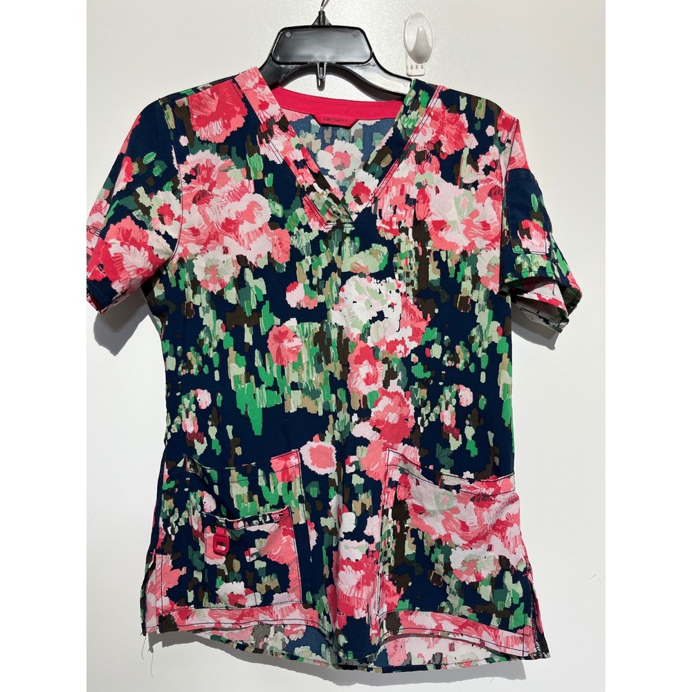 Carhartt Force Womens Floral Scrub Top Pink Green Navy V-Neck Small Short Sleeve